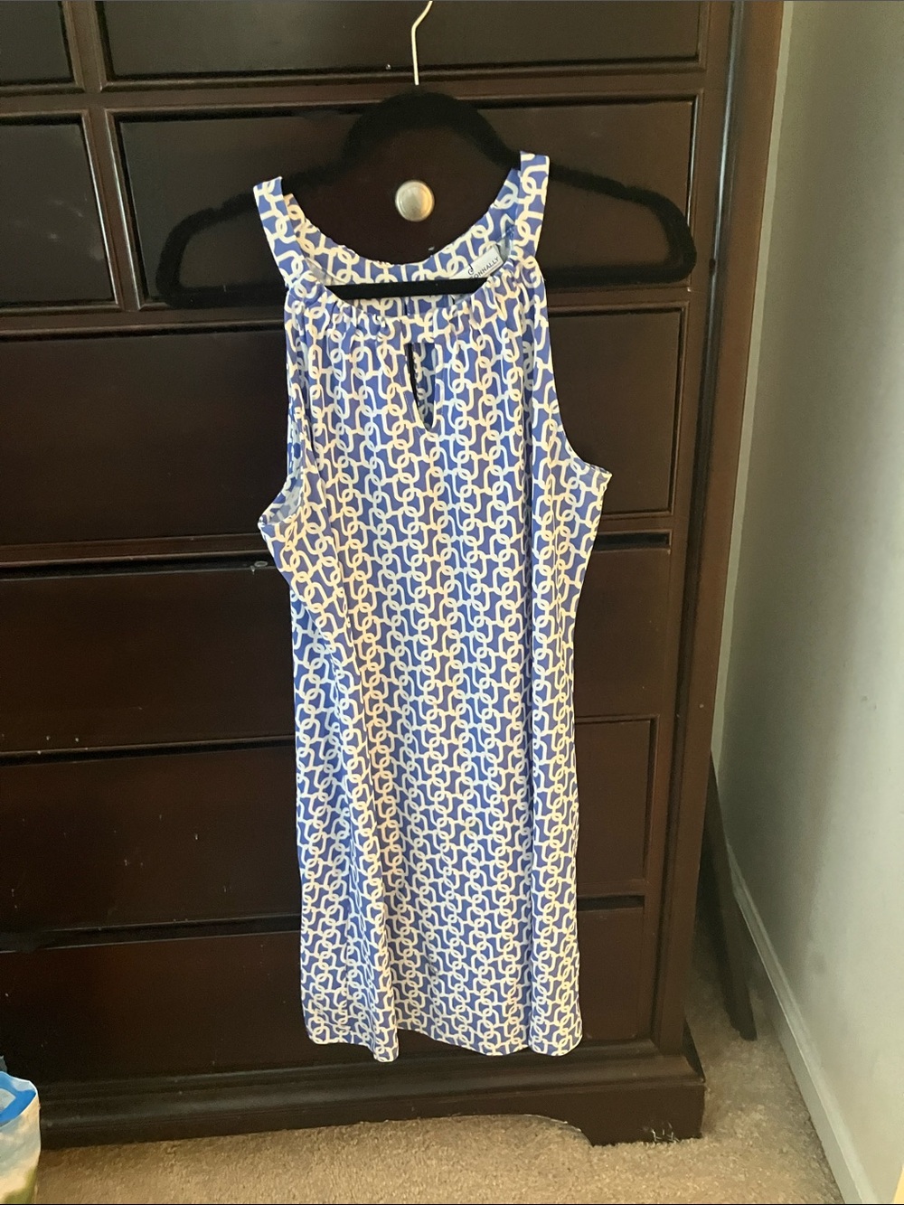 Jude Connally Blue and White Geometric Halter Dress